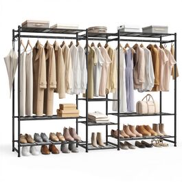 SONGMICS Стійка для одягу, відкритий шафа, вішалка для одягу з 10 полицями, 3 перекладинами, 4 гачками, металевий каркас, для спальні, вітальні, передпокою, чорний LGR011BZ01 206,4B см