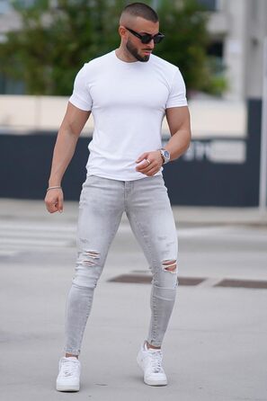 Чоловічі рвані джинси GINGTTO Skinny Stretch Slim Fit світло-сірі (34W/30L)