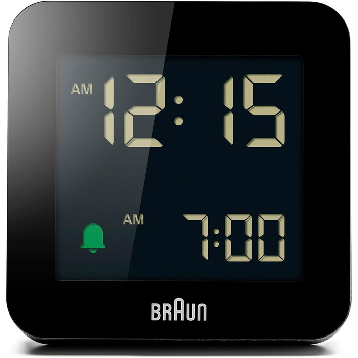 Braun Digital Alarm Clock with Snooze Function, Negative LCD Display, Quick-Set Function, Crescendo Alarm in Black, Model BC09B.