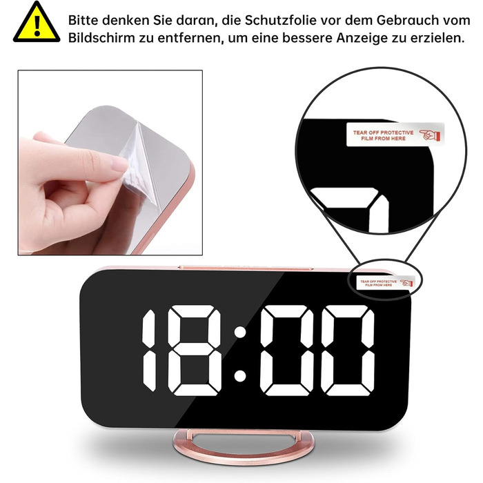 Цифровий годинник-дзеркало SZELAM з LED-дисплеєм 7 дюймів, 2 USB-порти для зарядки, функція відкладання, автоматичне регулювання яскравості, годинник для дому (рожеве золото)