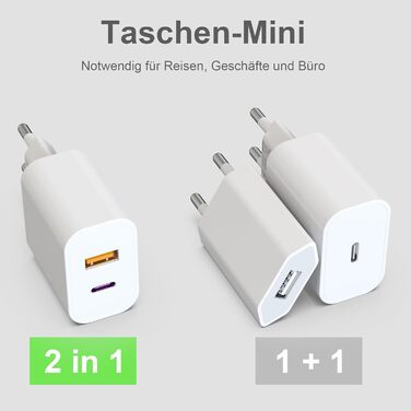 Зарядний пристрій USB-C 25W з адаптером USB [2 в 1] (2 шт.) для iPhone/iPad/навушників/телефону. Мережевий адаптер, багатофункціональний зарядний пристрій, підтримка PD 3.0, швидка зарядка, білий. Без кабелю.