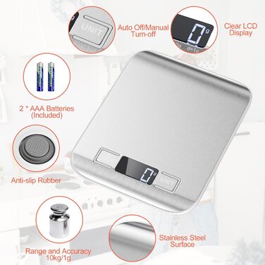 Кухонні ваги Gvolatee 10 кг / 1 г, електронні, з нержавіючої сталі, LCD дисплеєм та функцією тарування, автоматичне вимкнення, 6 одиниць вимірювання, для приготування їжі, випічки та змішування