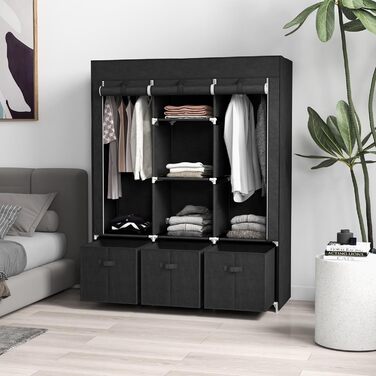 HOMCOM Fabric Wardrobe, Foldable Clothes Closet with Clothes Rod & Drawers, Folding Closet with Zipper, Fabric Closet for Bedroom, Black, 125 x 43 x 162.5