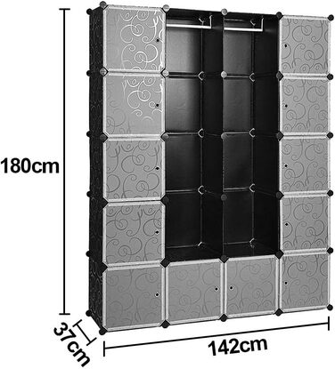Regalsystem Shoe Rack Set of 20 Cubes, Plastic Closet with Doors, Plug-in Shelf, DIY Cube Shelf, Modular Storage Combination Cabinet for Clothes, Shoes, and Books, Black