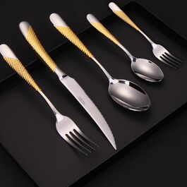 DAFFODILY Cutlery Set. Hammered 18/10 Stainless Steel Dinnerware. Mirror Finish, ultra-sharp steak knives, dishwasher safe. (Gold, 30)
