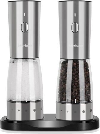 Electric Salt and Pepper Grinder Set of 2, USB Rechargeable Stainless Steel Electric Pepper Grinder with Adjustable Coarseness, Large Capacity, Elegant Storage Base