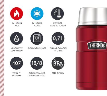 Thermos STAINLESS KING FOOD JAR 0.71L, Cranberry Red. Stainless steel food container, 14 hours hot / 24 hours cold, absolutely leak-proof for soup, muesli, stew. Large food Thermos container, dishwasher safe, 710 ml (no spoon included). More content, Cranberry Red.