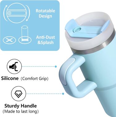Термокружка ZAKVOP 410мл з соломкою, з кришкою та ручкою, для гарячих та холодних напоїв, блакитна