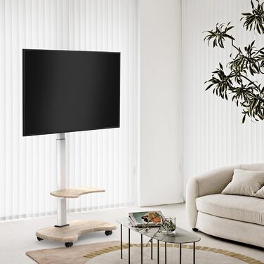 Підставка для телевізора Stellar на коліщатках з полицею, біла. Регульована висота, поворотна. Для телевізорів 32-70 дюймів, до 45 кг, VESA до 600x400