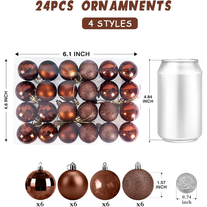 24 штуки новорічні кулі 4 см, коричневі, для ялинки, пластикові, неб'ючі, декор