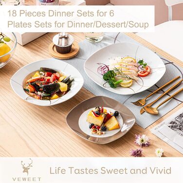 VEWEET Набір посуду 'Нікіта' з порцеляни, 24 частини | Сервіз включає миски, десертні тарілки, тарілки для їжі та супові тарілки | Посуд для 4-12 осіб