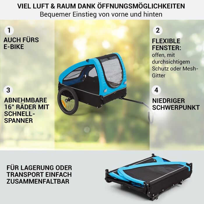 Фарм-причіп Klarfit Husky City для собак, блакитний. З підвіскою, світловідбивачами та невеликим кошиком.