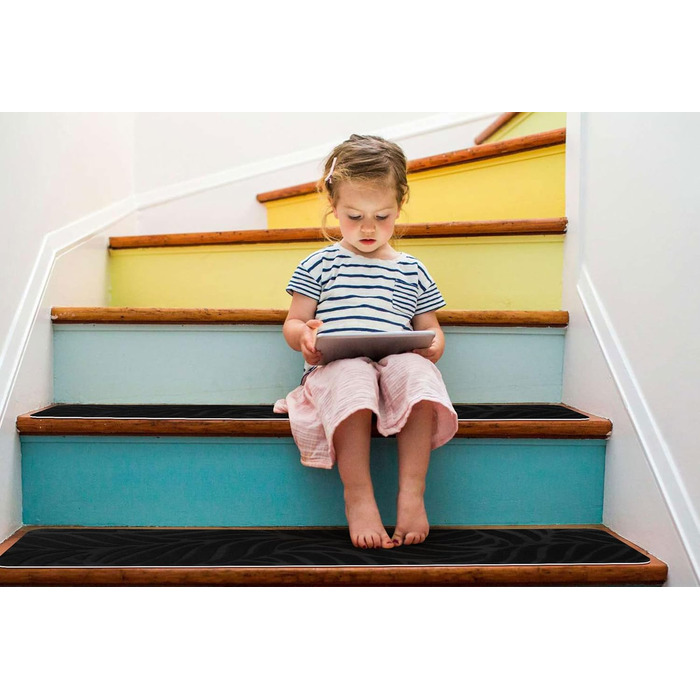 Anti-Slip Stair Treads for Wood Stairs - Felt Self-Adhesive Carpet Treads - 15 Pack, 76x20cm - Black Banana Leaf Design