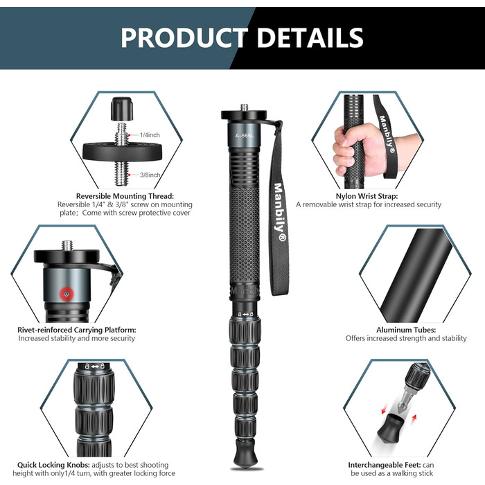 Монопод для камери Manbily A-555L 168 см з алюмінію, з ручкою-підтримкою, до 7 кг, сірий