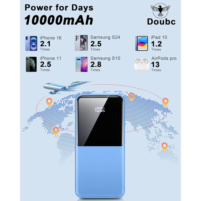 Power Bank 10000mAh, 22.5W, PD USB-C, для iPhone, Samsung та інших, чорний/синьо-чорний