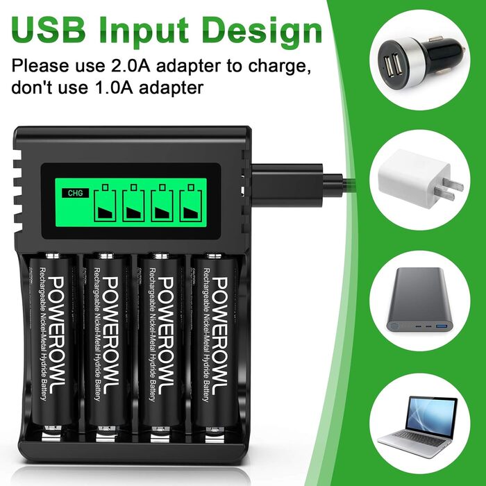 Акумулятори AA Powerowl 2800mAh NI-MH, 8 шт. з інтелектуальною зарядкою USB, 4 слоти, незалежні слоти