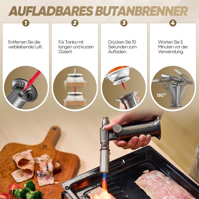 Професійний газовий пальник-фламбе SAKER для кулінарних страв та DIY: бутановий пальник з п'єзорозпалом для крем-брюле, паяння та рукодія, сріблястий