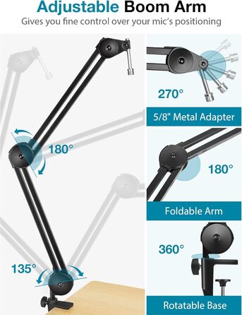 Підставка для мікрофона InnoGear – міцна підставка з регульованим кріпленням та кабелетримачами для Blue Yeti, Snowball, Hyper X, QuadCast, SoloCast, Fifine (компактна)