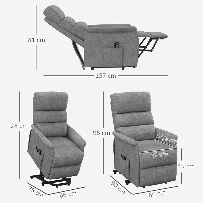 HOMCOM Electric TV Recliner Chair with Lift Assist, Recliner with Lie-Flat Function, TV Chair in Linen-Look with Side Pocket & Remote Control