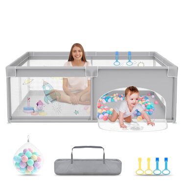 Дитячий манеж UISEBRT 180x200 см з 50 океанічними кульками, 4 ручками, переноскою, складаний, дихаюча сітка, синій з тваринами