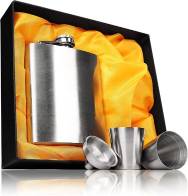 Фляга з нержавіючої сталі з 2 склянками для шнапсу та воронкою в подарунковій коробці, з гвинтовим кришкою, кишенькова пляшка