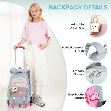 Шкільний рюкзак-роликовий для дівчаток-підлітків, 36л, зелений. Рюкзак для школи з колесами, знімний ролик, для початкової та середньої школи, дорожній рюкзак, 6 коліс