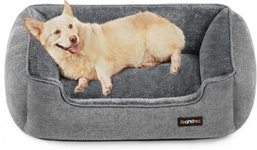 Ліжко для собак Feandrea, м'який лежак для собак з льоновим покриттям, кошик для собак, підняті бортики, неслизьке дно, знімний та пральний чохол, L, для середніх собак, 90 x 75 x 25 см, світло-сірий