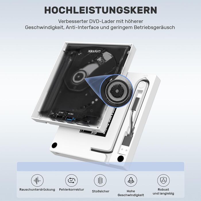 Зовнішній USB-C CD/DVD-привід UNITEK з картридером SD, USB 3.0 хабом та записом CD-ROM, білий — для ноутбуків, ПК (Windows, Linux, macOS)