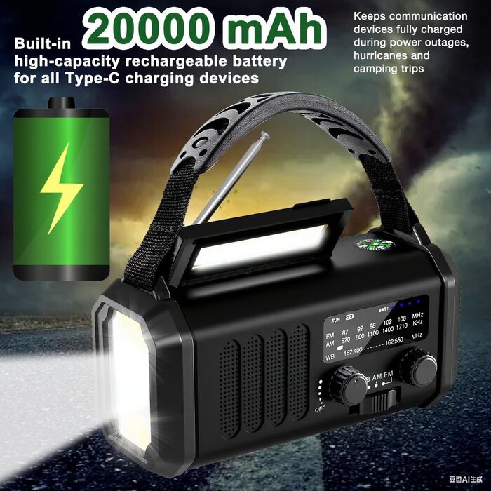 Радіостанція Leaton з ручним заводом, NOAA, AM/FM, 20000 mAh | Сонячна Power Bank, USB-C, ліхтарик, SOS-сигнал для кемпінгу та надзвичайних ситуацій (Чорний)