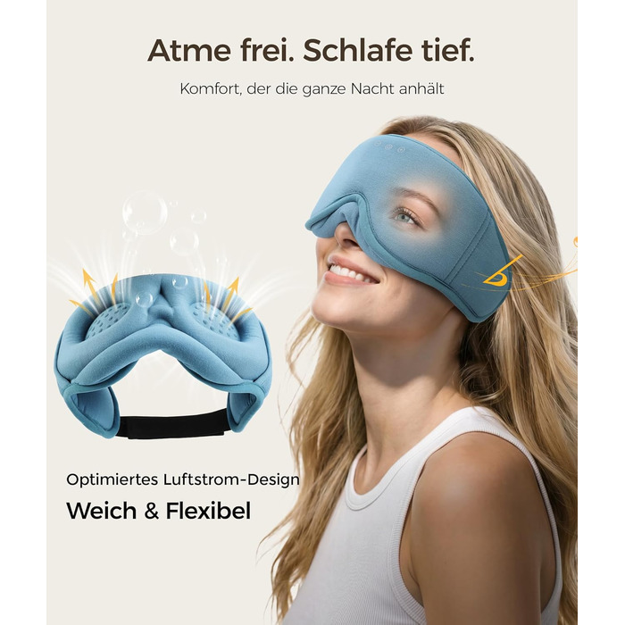 Маска для сну з навушниками LOVE EYE Bluetooth, 3D для зручного сну на боці, бамбукова тканина, чорний/синій (Enzianblau)