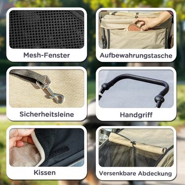 Візок для собак PawHut легкий, складаний, з алюмінію для собак та котів. З подушкою, сітковими вікнами, дверима та кошиком для зберігання. Міні-візок для маленьких собак (Хакі)