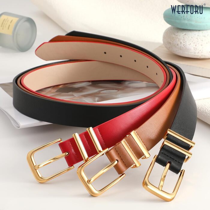 Жіночі шкіряні ремені WERFORU (3 шт.) - Стильні ремені для талії, джинсів, штанів, суконь. Підходить для розміру 81-95 см та 96-105 см (чорний, коричневий, червоний)