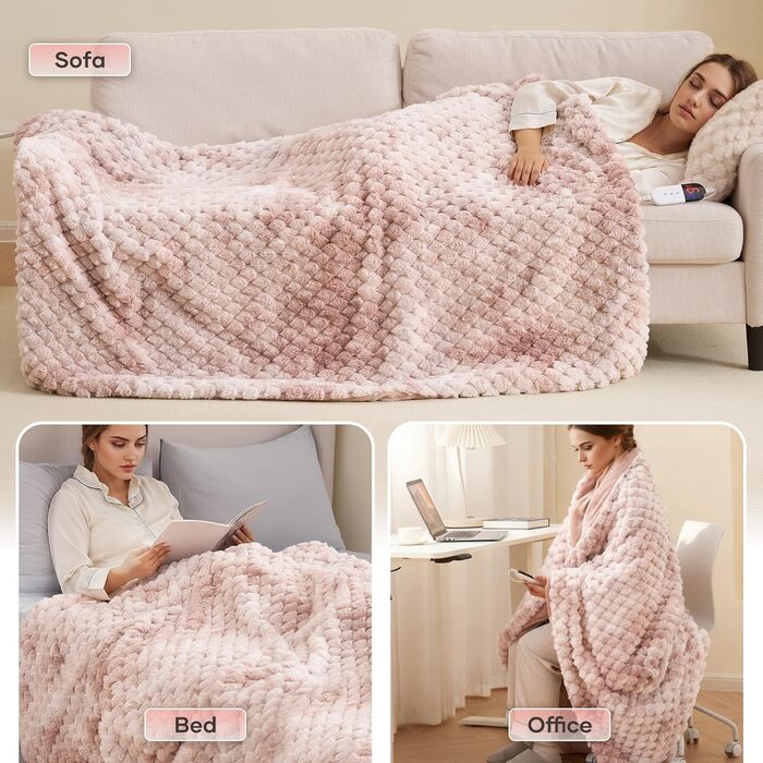 Електричний килим-плед CURECURE з підігрівом 130x180 см, 3D жакард, плюш та фланель, 6 режимів нагріву, таймер 1-10 годин, для ліжка, дивану, офісу (Рожевий)