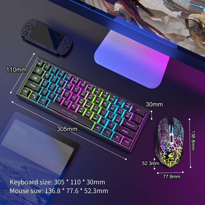 Kabellos Gaming Tastatur und Maus Combo Set: Бездротова ігрова клавіатура та миша, 2.4 GHz, 3800 mAh, тиха, 61 клавіша, компактна, Rainbow LED підсвічування, 2400 DPI, 6 кнопок, чорний