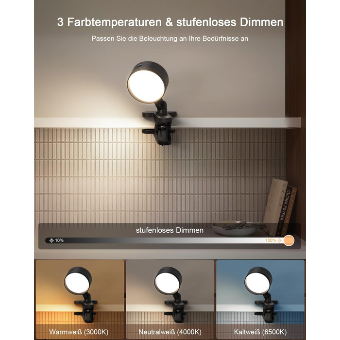 Нічник на ліжко акумуляторний бездротовий з USB-C, 5000mAh, з кліпсою, димуючий сенсорний пульт, 3 кольори, поворотний на 360°, для спальні, кемпінгу, чорний