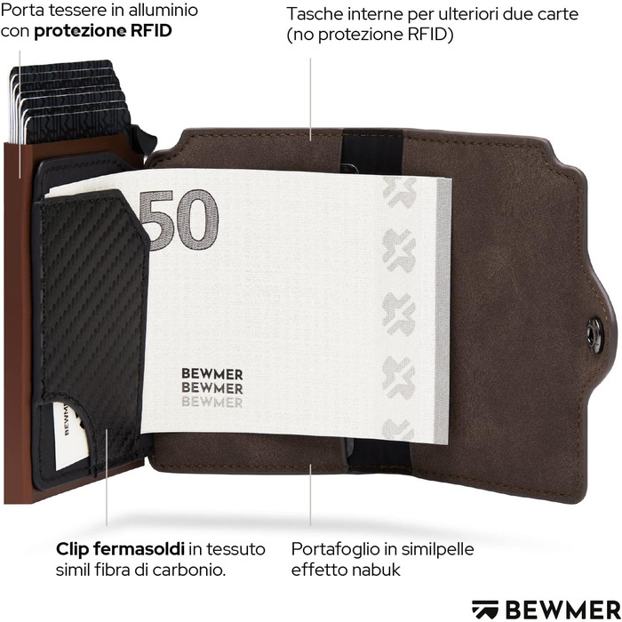 BEWMER Елегантне шкіряне картхолдер/портмоне з RFID-захистом | Для жінок та чоловіків | Колір: коричневий