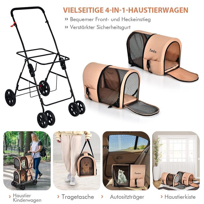 Візок для собак та котів COSTWAY 2-ярусний, до 16 кг, з сіткою, тримачем для напоїв та зчіпкою (Бежевий)