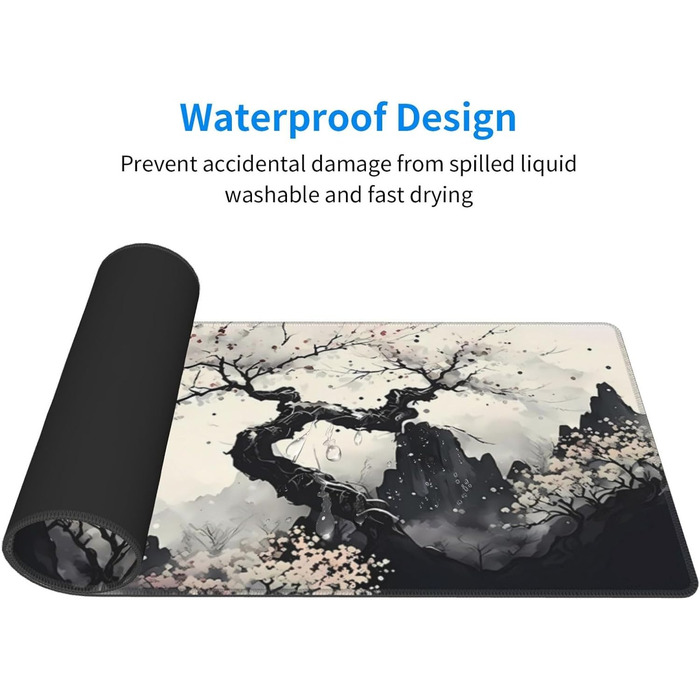 Килимок для миші для геймінгу, чорний, з принтом Канагава, великий, 80 x 30 см, нековзна гумова основа, водонепроникний, з прошитими краями, для геймінгу, офісу, дому