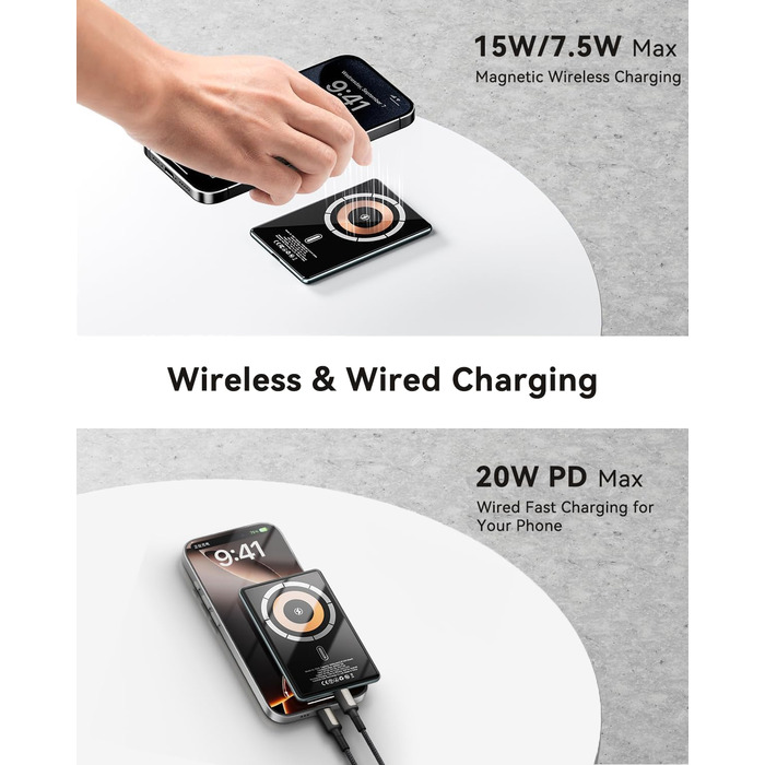 Power Bank Kuulaa MagSafe 5000mAh з бездротовою зарядкою та USB-C, для iPhone 17/16/15/14/13/12, сірий колір