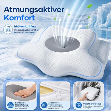 Ергономічна ортопедична подушка для шиї та голови з ефектом пам'яті (Memory Foam), 2-в-1, зі знімним чохлом, сіра, 62 x 39 x 11/13 см