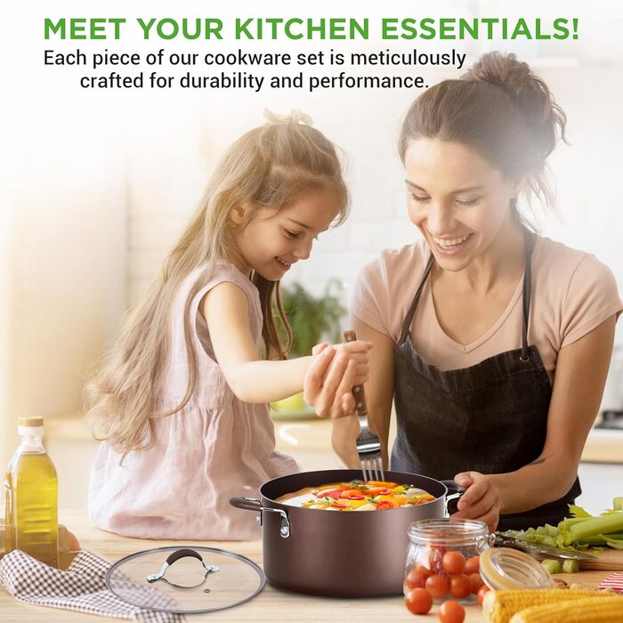 Nutrichef Frying Pans & Induction Cookware Set, 14-Piece Frying Pan Set & Pot Set Induction, Pots & Pans with Cool-Touch Handles PFOA/PFOS-free – Non-Stick – Aluminum with Stainless Steel Edges – Oven-Safe Brown