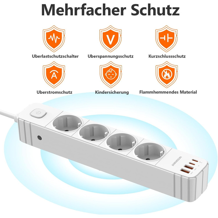 Мережевий фільтр 4 розетки з 2 USB-A та 2 USB-C (PD20W), захист від перенапруги, вимикач, 2м кабель, для дому/офісу, білий