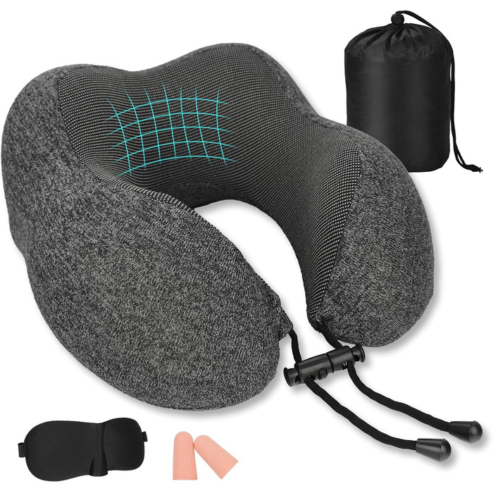 Подушка для шиї з Memory Foam, підтримка голови, набір для подорожей: маска для сну, навушники, чохол, м'яка подушка для сну в авто, літаку, офісі та вдома (Сірий)