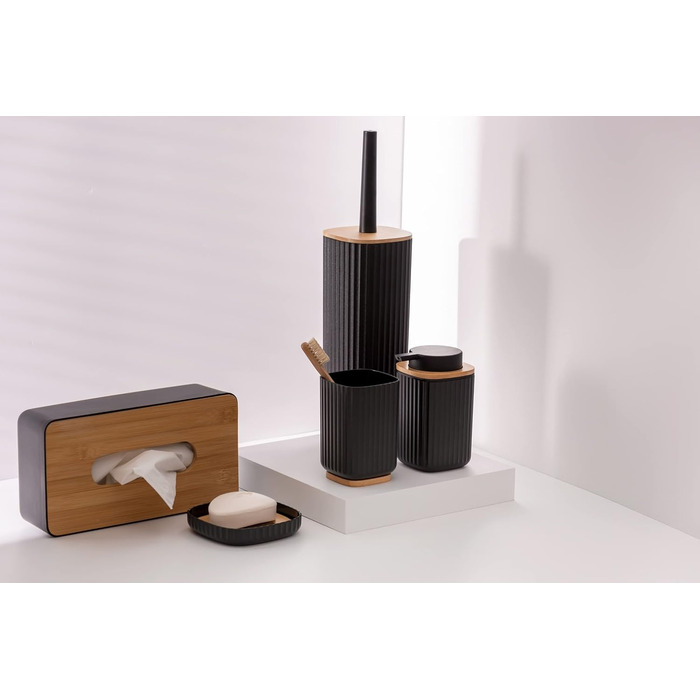 Дозатор для мила WENKO Rotello, 250 мл, з бамбуковими деталями, для мила та засобів для миття посуду, чорний/натуральний