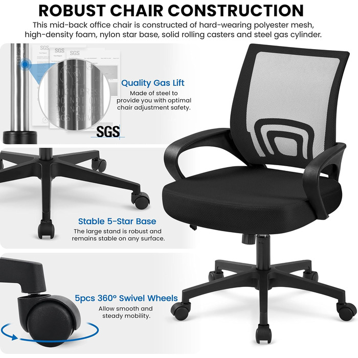 Офісне крісло Yaheetech ергономічне, з сітчастою спинкою та підлокітниками, поворотне, для начальника, з функцією гойдання, регульоване по висоті, підходить для ваги до 136 кг, чорне