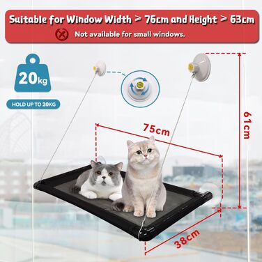 Кішка-гамак для вікна Dracarys | для великих котів до 20 кг | Посилений гамак з міцним присоском | Ліжко для засмаги кота, ліжко для домашніх тварин, підходить для вікон довжиною ≥76 см та висотою ≥64 см, розмір L-68*38*58 см