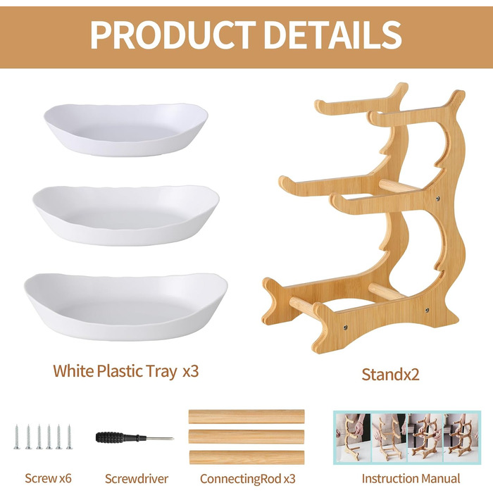 Трирівнева етажерка для фруктів та закусок з бамбуковим підставкою, преміум-пластик