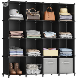 Wardrobe, Portable Shelving System, Plastic Closet with 2 Hanging Rods, Bedroom Wardrobe Closet White (Black)