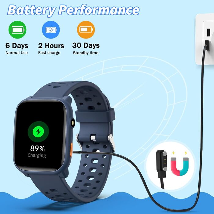 Дитячий розумний годинник Smartwatch Kinder з фітнес-трекером: пульсометр, крокомір, моніторинг сну, водонепроникність IP68, ігри, 1.85' HD-екран для дівчаток та хлопчиків 6-16 (блакитний)