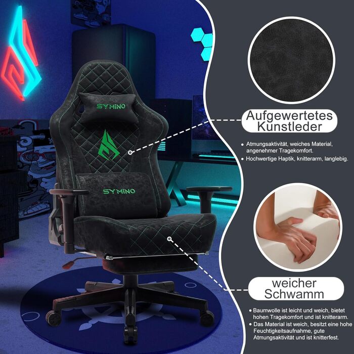 Ігровий крісло Symino, ергономічний офісний крісло, дизайн у стилі гоночного авто, чорний, з підніжкою